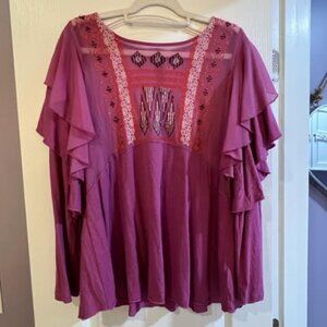 Free People Embroidered Ruffle Shoulder Top